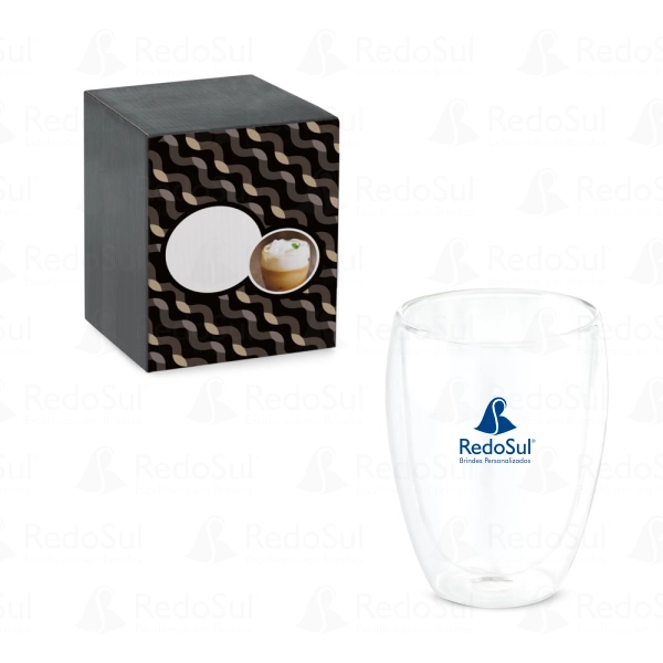 Copo em vidro borossilicato personalizado com parede dupla, isolada a ar 350 ml Copo em vidro borossilicato personalizado com parede dupla, isolada a ar 350 ml
